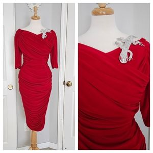 Pinup Girl Clothing Red Monica Dress | Draped 50's Style Wiggle Cocktail Dress